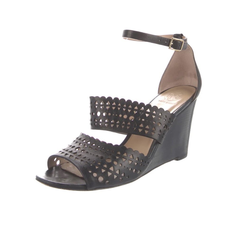 Tory Burch Black Strappy Lasercut Accent Leather Open Toe Wedge Sandals